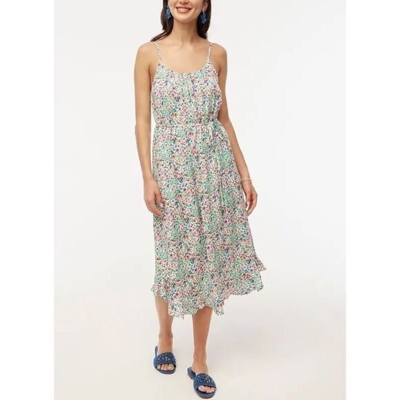 J.Crew Ruffle midi dress with curved hem White Vintage Kelly Mul Size 14 NWT - Picture 1 of 8